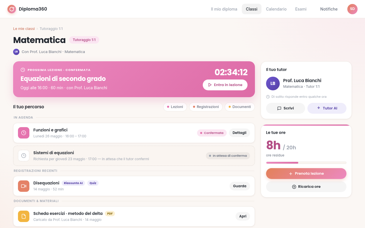 Tutoraggio 1:1: agenda, ore residue e prenotazione