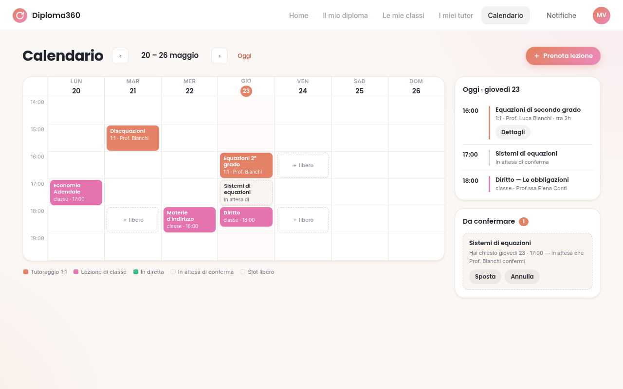 Calendario settimanale di lezioni e ripetizioni